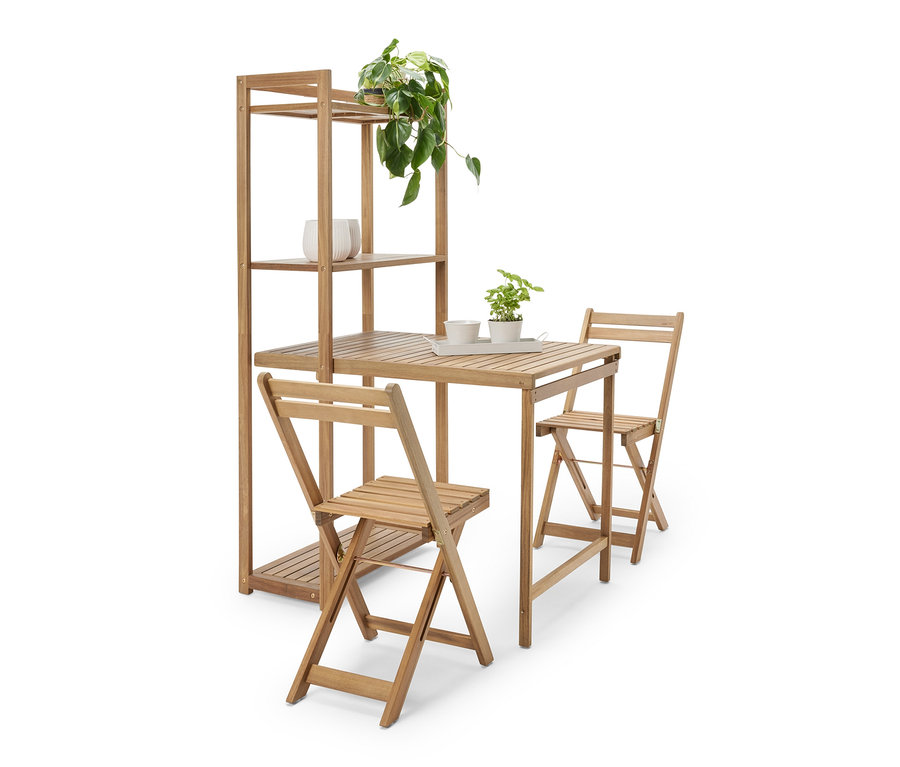 Balkon-Dining Set »Lenja« mit Regal mit zwei Stühlen und Pflanzen.