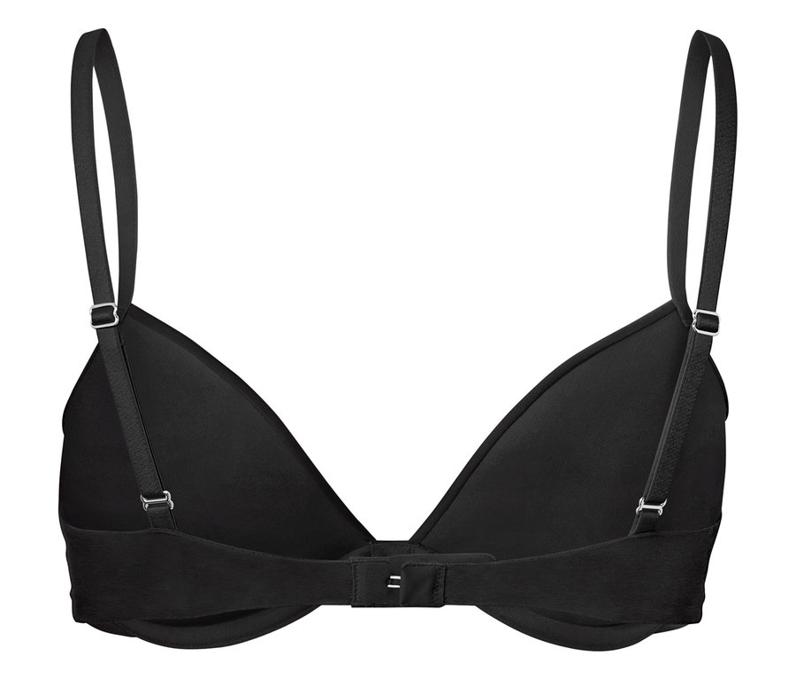 Detailansicht von der Rückseite eines schwarzen BHs mit dünnen Trägern.