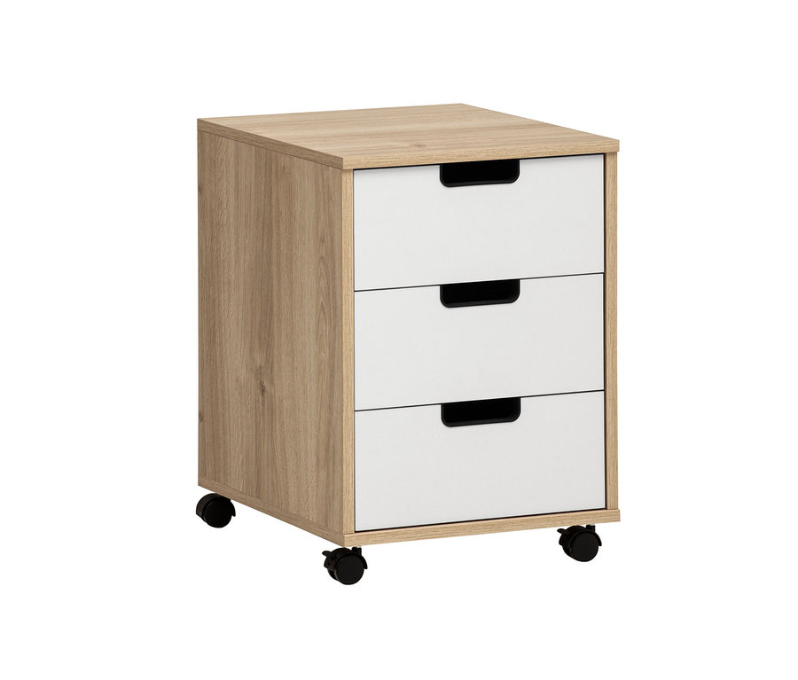 Ein Rollcontainer »Emmik« in Mattweiß und Eichenfarben mit drei Schubladen.