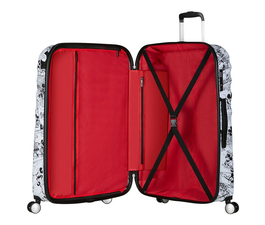 Offener, großer American Tourister Wavebreaker »Minnie Mouse« Koffer mit rotem Innenraum.