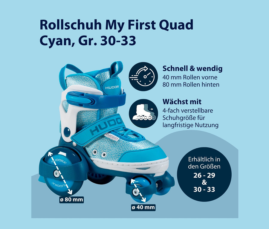 Cyanfarbene HUDORA Rollschuhe »My First Quad«, Größe 26–29.