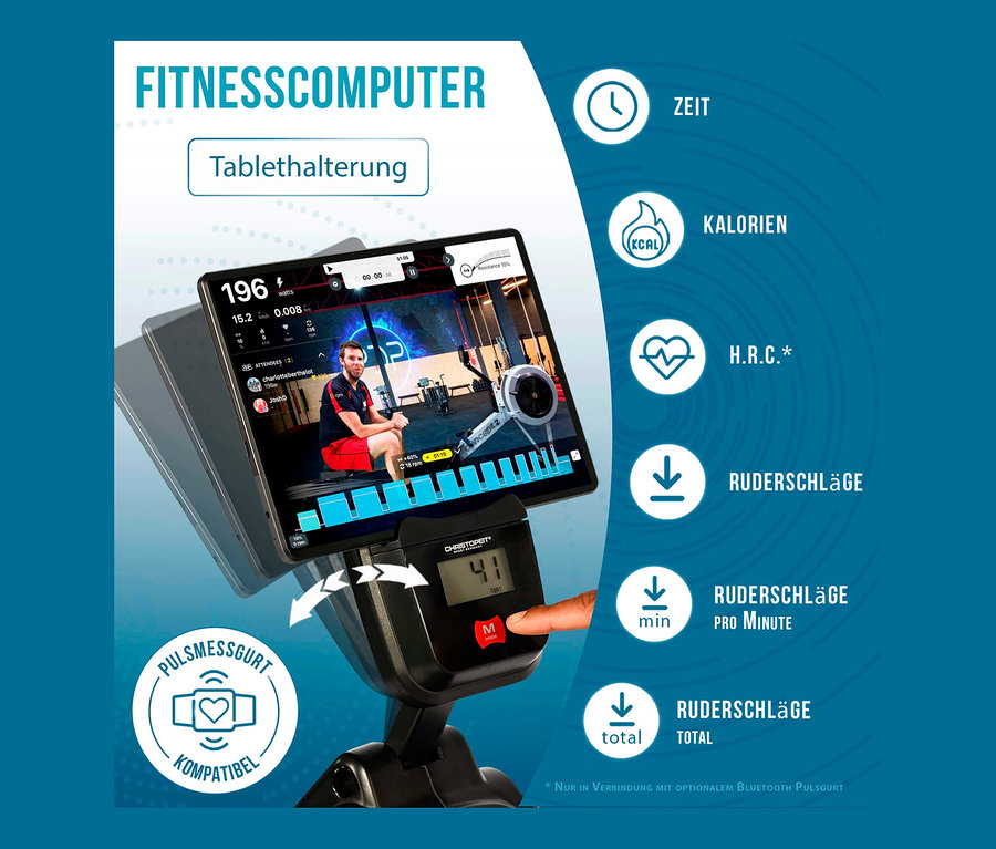 Detailaufnahme des Fitnesscomputers des Rudergeräts RW 1000 mit Tablethalterung und angezeigten Metriken.