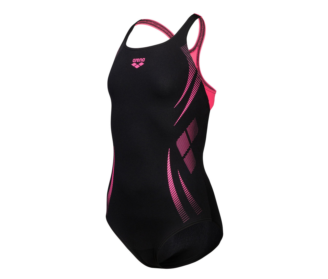 Schwarzer arena Performance Kinder-Badeanzug Poseidonia Swim Pro Back mit pinkfarbenen Details.