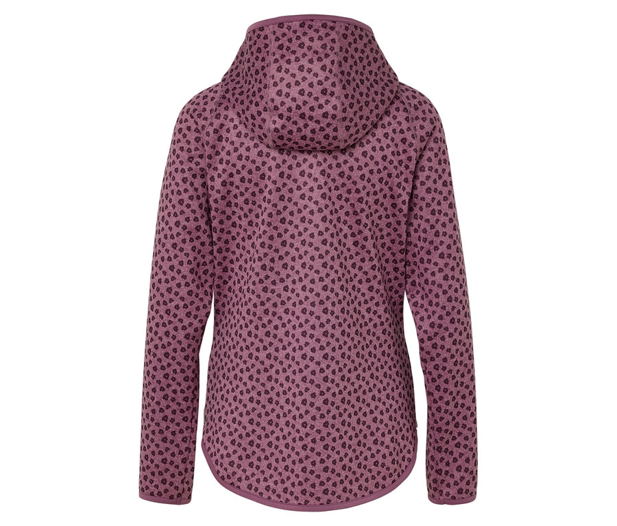 Detailansicht der Rückseite einer lila Kapuzenjacke mit dunkelviolettem Punktmuster.