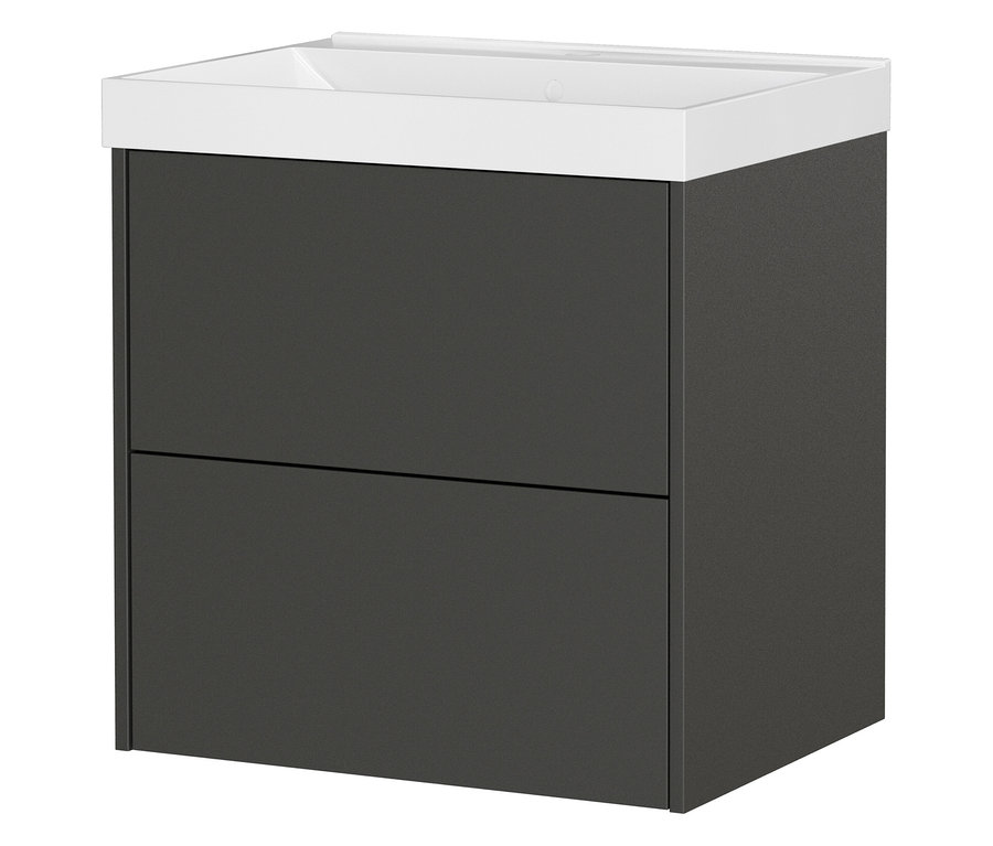 Ein grauer Badezimmerschrank mit zwei Schubladen und einem weißen Waschbeckenaufsatz.