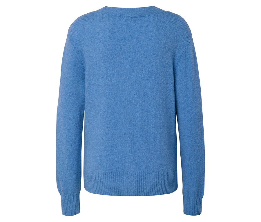 Rückansicht eines blauen Langarmpullovers.