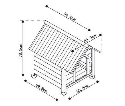 Abbildung einer großen Hundehütte »CIVETTA JAVA« mit Größenangaben.