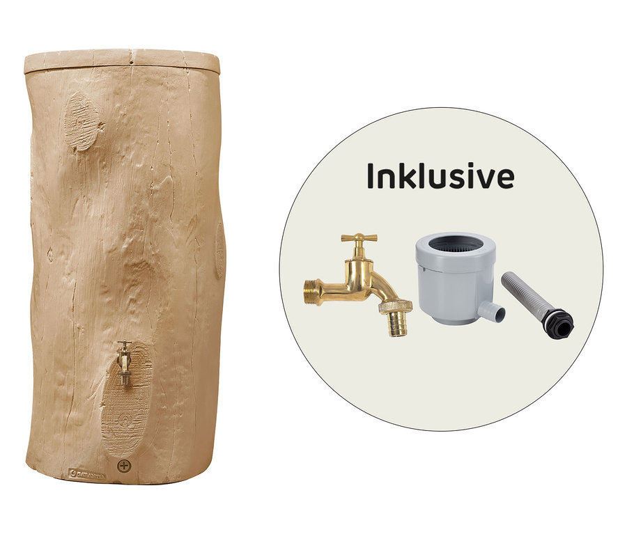 Beiger Wassertank in Baumstammoptik mit Messinghahn und Zubehör