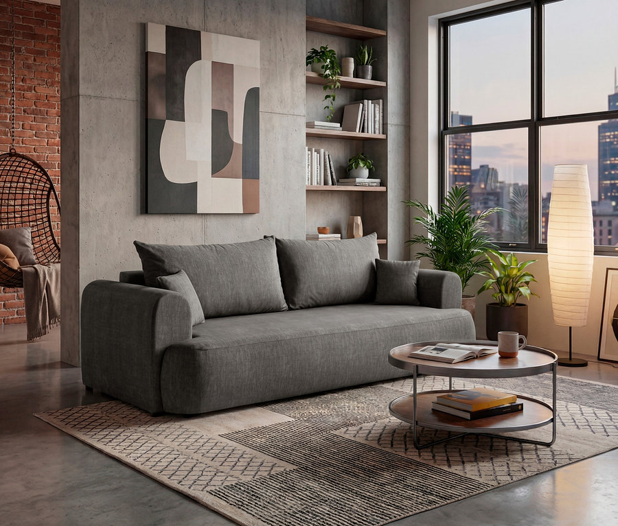 Wohnzimmer mit grauem Sofa, Couchtisch und Stehlampe vor dem Fenster mit Blick auf die Stadt.