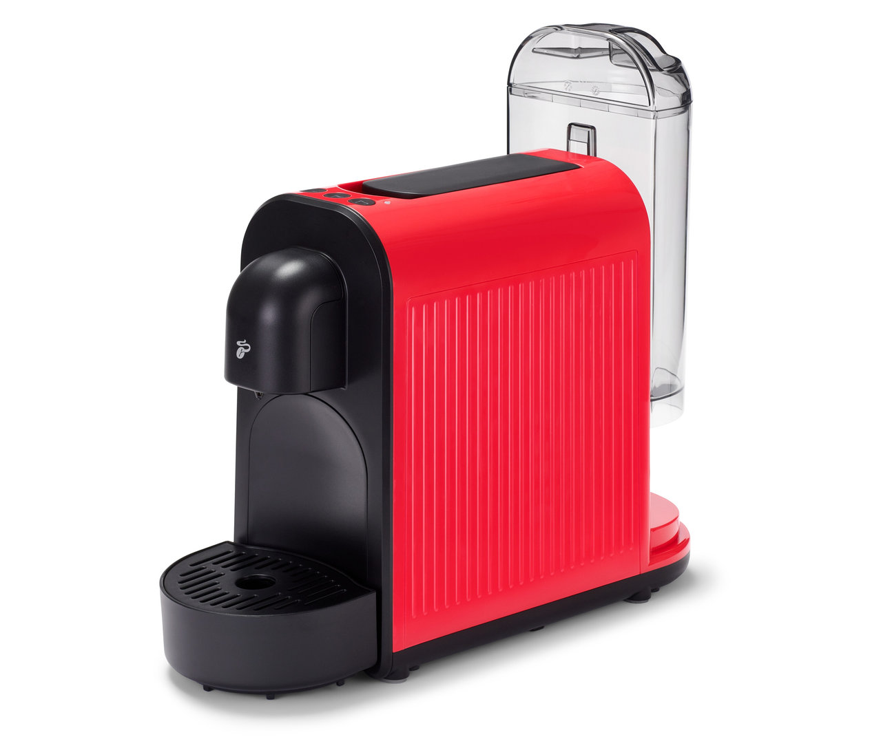 Die rote Cafissimo now red Kaffeemaschine mit Wassertank steht auf einem weißen Untergrund.