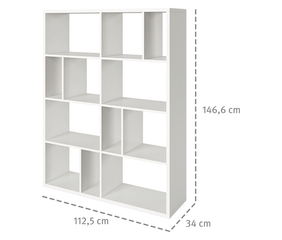 Weißes Roba Raumteiler »Fortuna« mit zwölf Fächern, mit Maßangaben.