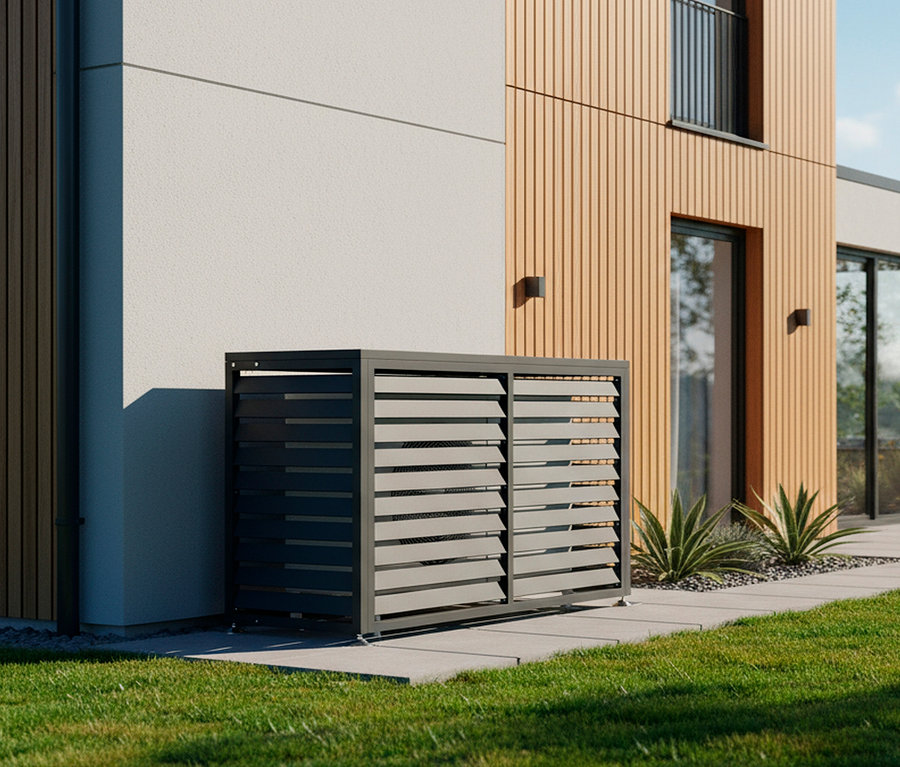 Eine graue Sichtschutzbox steht vor einem modernen Haus mit Holzverkleidung.