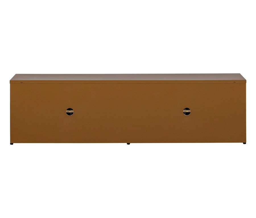 Langes, niedriges Sideboard in Goldbraun mit zwei Löchern für Kabel.