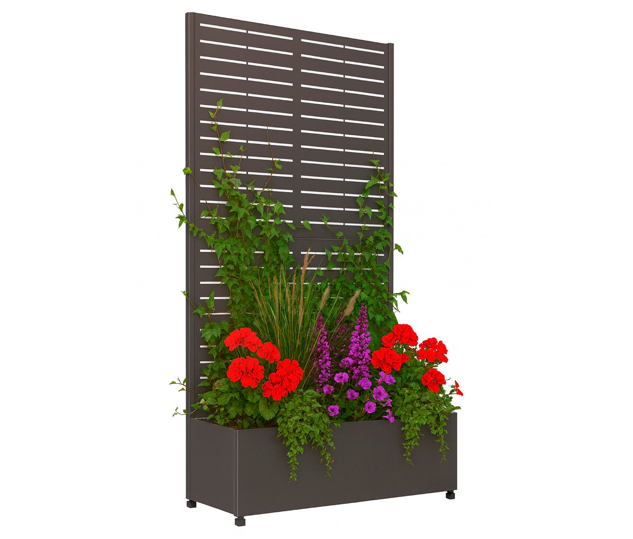 Sichtschutz mit Pflanzkasten, 90 x 184 x 42,5 cm, mit roten und violetten Blumen.