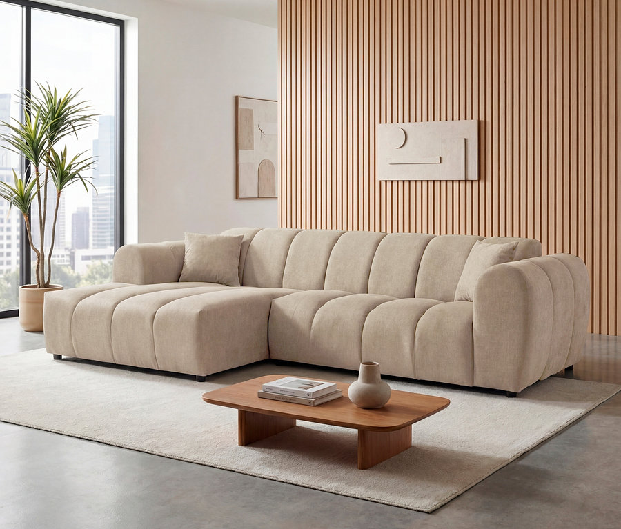 Beige Longchair links mit Sofa 2-Sitzer rechts »Loftwave« steht im Wohnzimmer.