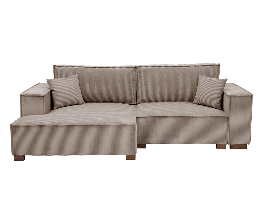 Beige Cord-Eckcouch mit zwei Kissen auf Holzfüßen.