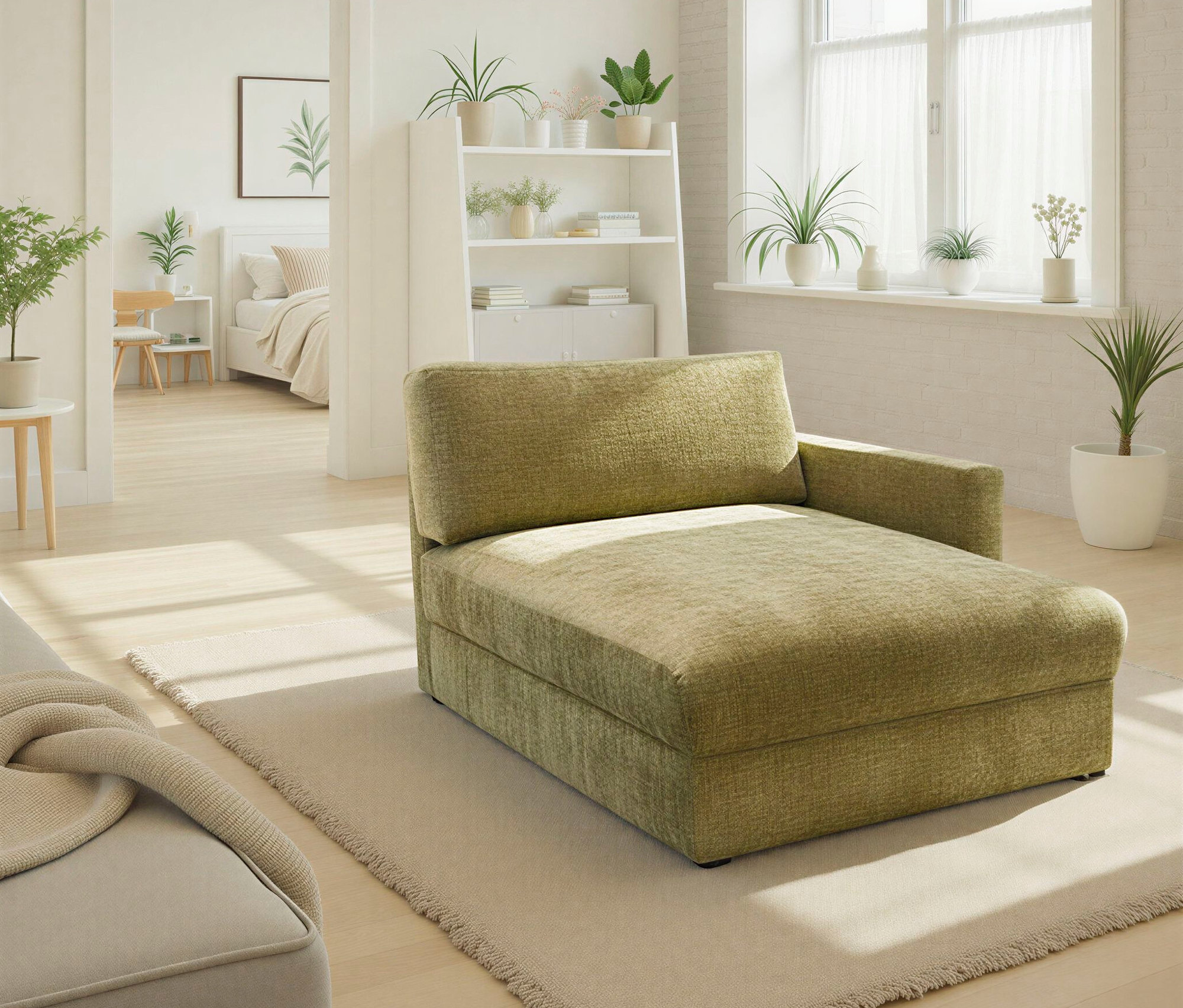 Ein DOMO Longchair »Sonderburg« rechts, in Oliv steht auf einem hellen Teppich in einem hellen Raum.