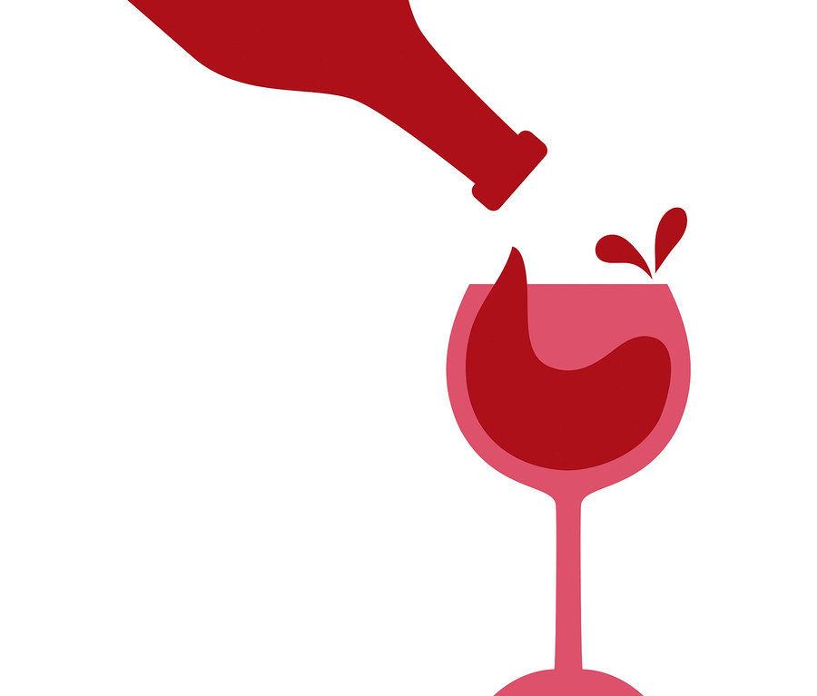 Eine rote Flasche gießt Wein in ein Weinglas. Spiel »Welt der Weine« ist dargestellt.