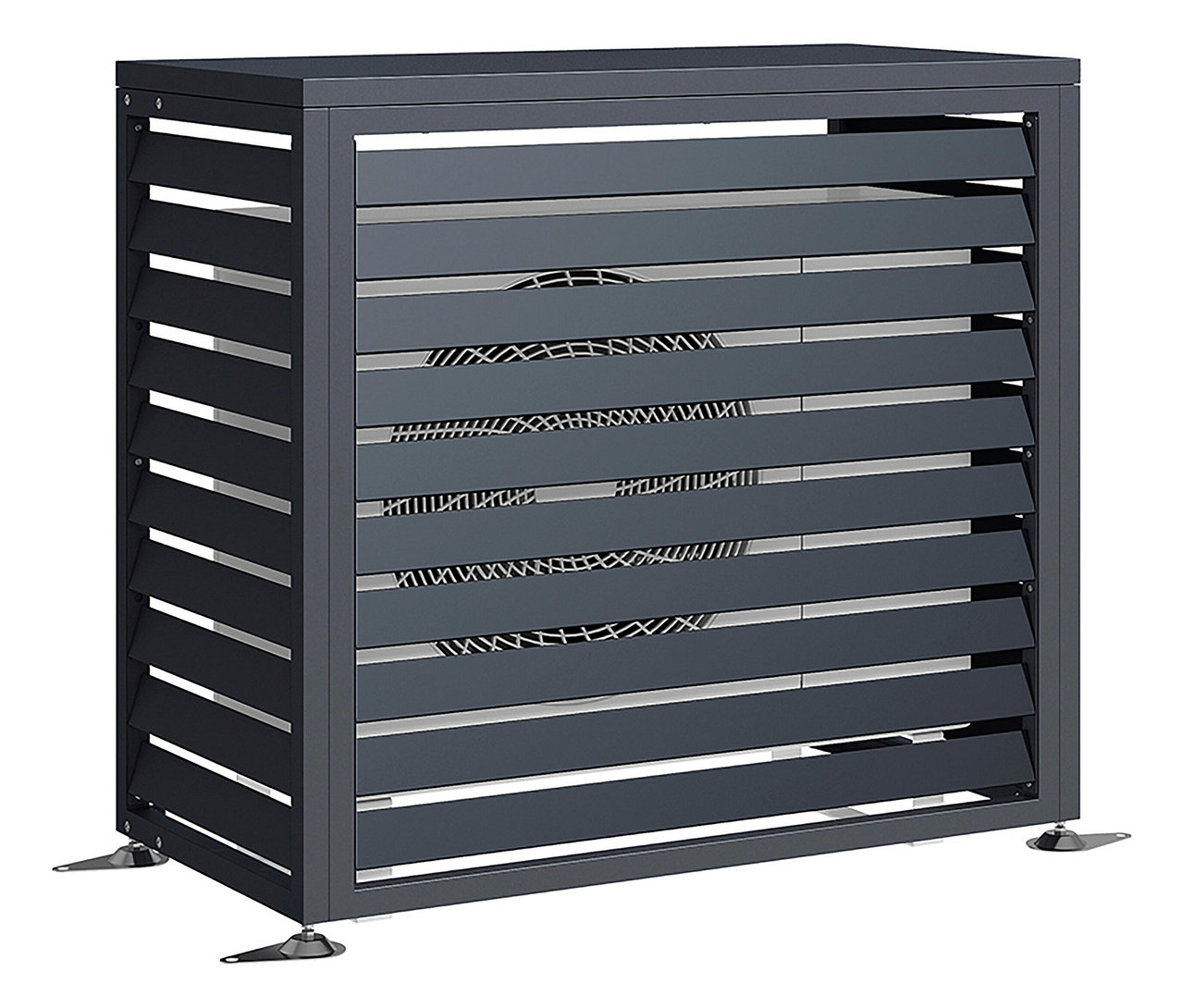 Graue Klimaanlagenverkleidung mit Lamellen auf weißem Hintergrund.