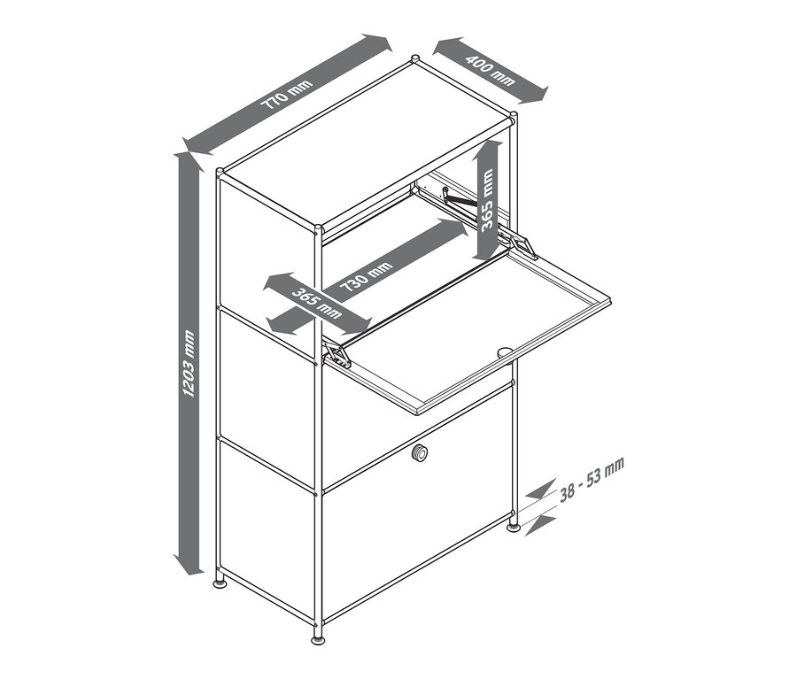 Eine Skizze von einem Metallregal mit 3 Klappfächern und den dazugehörigen Abmessungen.