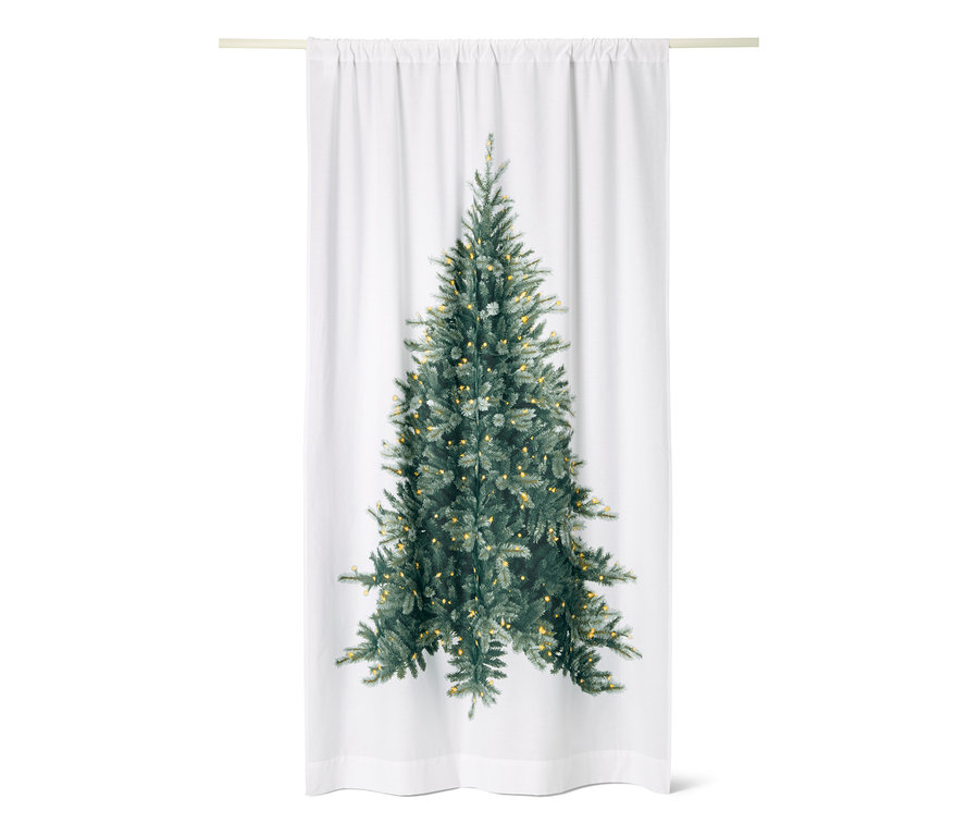 Weißer Motiv-Vorhang mit Weihnachtsbaum.