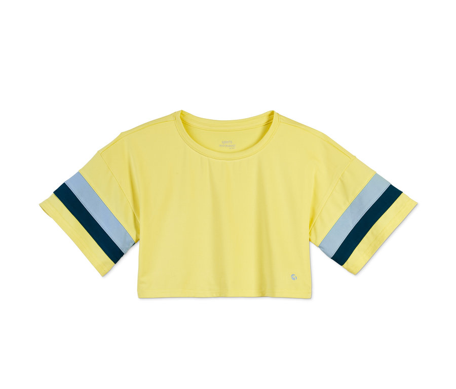 Gelbes Kinder-Cropped-Funktionsshirt mit recyceltem Material hat kurze Ärmel mit blauen und dunkelblauen Streifen.
