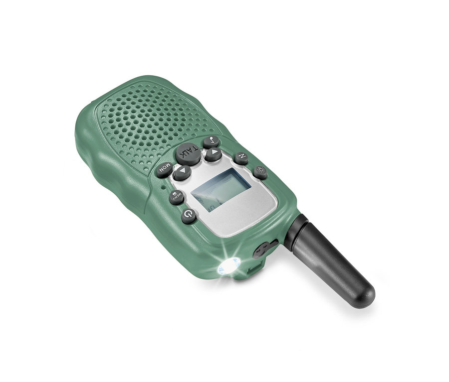 Ein grünes Walkie-Talkie mit Antenne und Lampe.