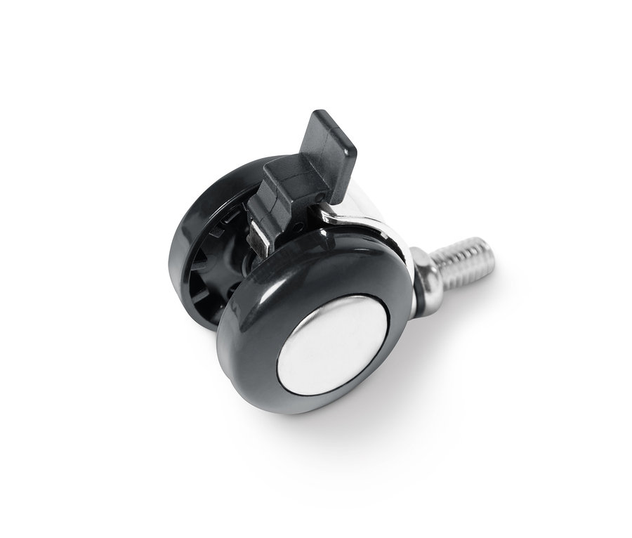 Nahaufnahme eines schwarzen Möbelrads Rollenergänzungs-Set Metall »CN3« auf weißem Hintergrund.