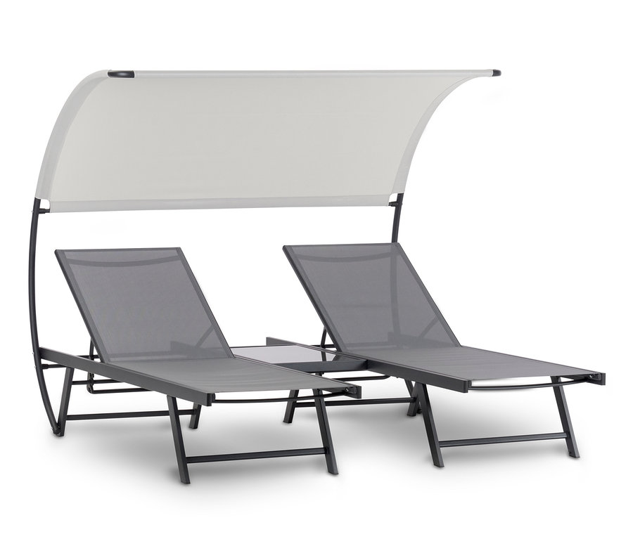 Zwei graue LECO-Sonnenbetten »Lotta« mit weißem Baldachin.
