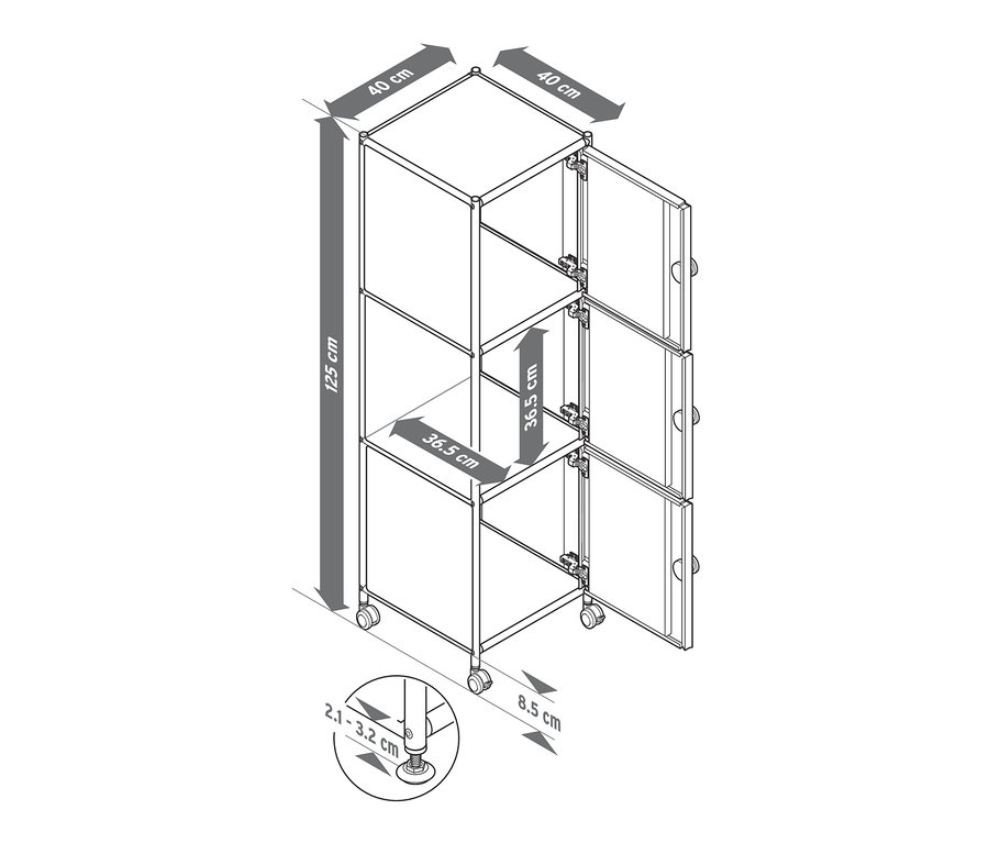 Eine Schemazeichnung eines Rollcontainers Metall »CN3« mit 3 Türen, von denen eine offen ist.