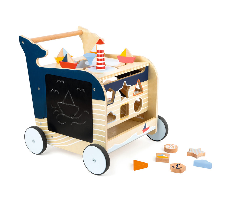 small foot Activity Lauflernwagen »Wal« aus Holz mit verschiedenen bunten Holzformen und maritimen Motiven.