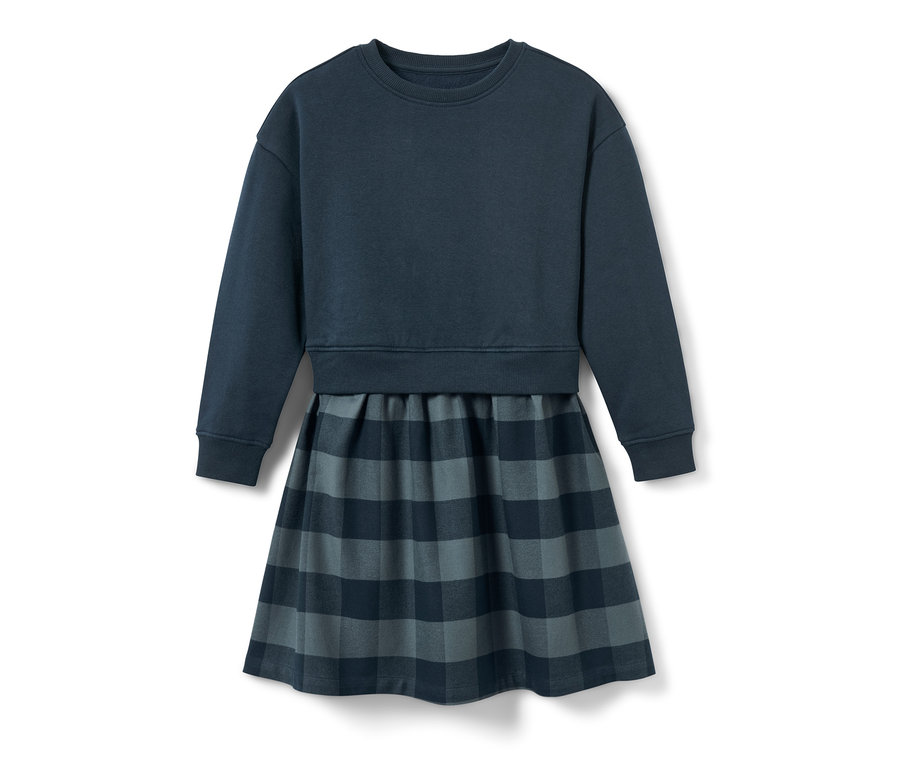 Kinder-Sweatkleid mit marineblauem Oberteil und kariertem Rock.
