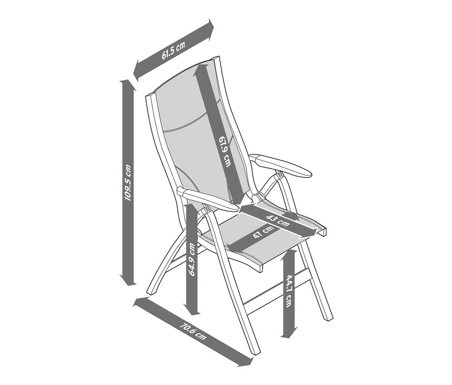 Abbildung eines Hochlehners mit verstellbarer Rückenlehne und Bemaßungen.