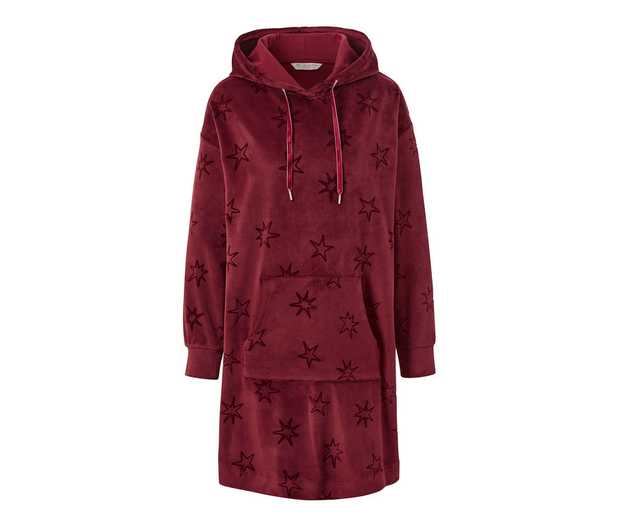 Weinrotes Nicki-Loungewear-Kleid, Sterne mit Kapuze und Tasche.