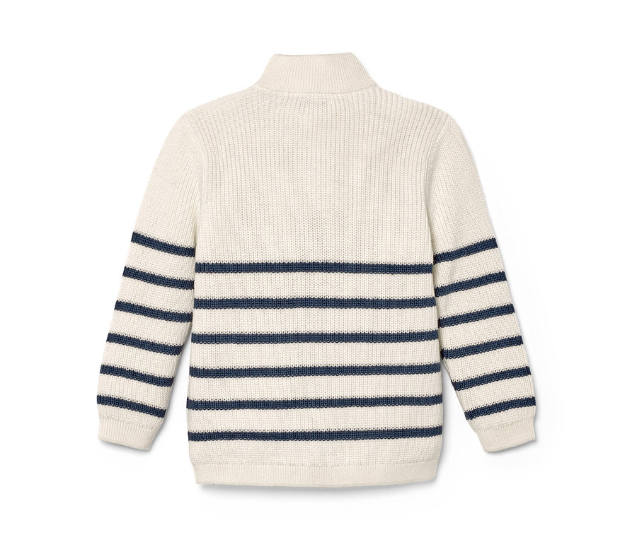 Detailansicht der Rückseite eines Kinder-Troyers mit blauen Streifen.