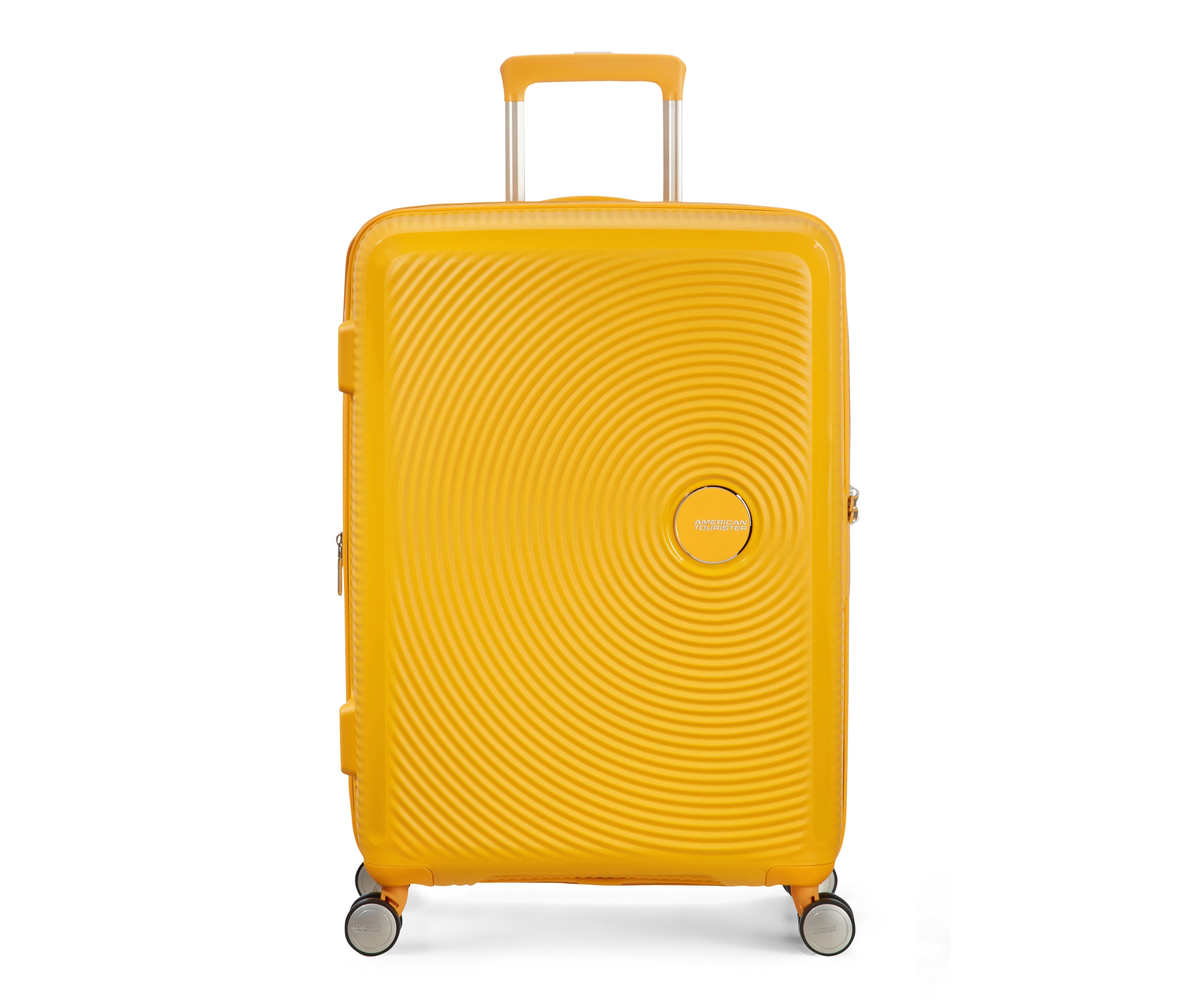 Goldgelber American Tourister Hartschalen-Koffer »Soundbox« Spinner, mittel, vor einem weißen Hintergrund.