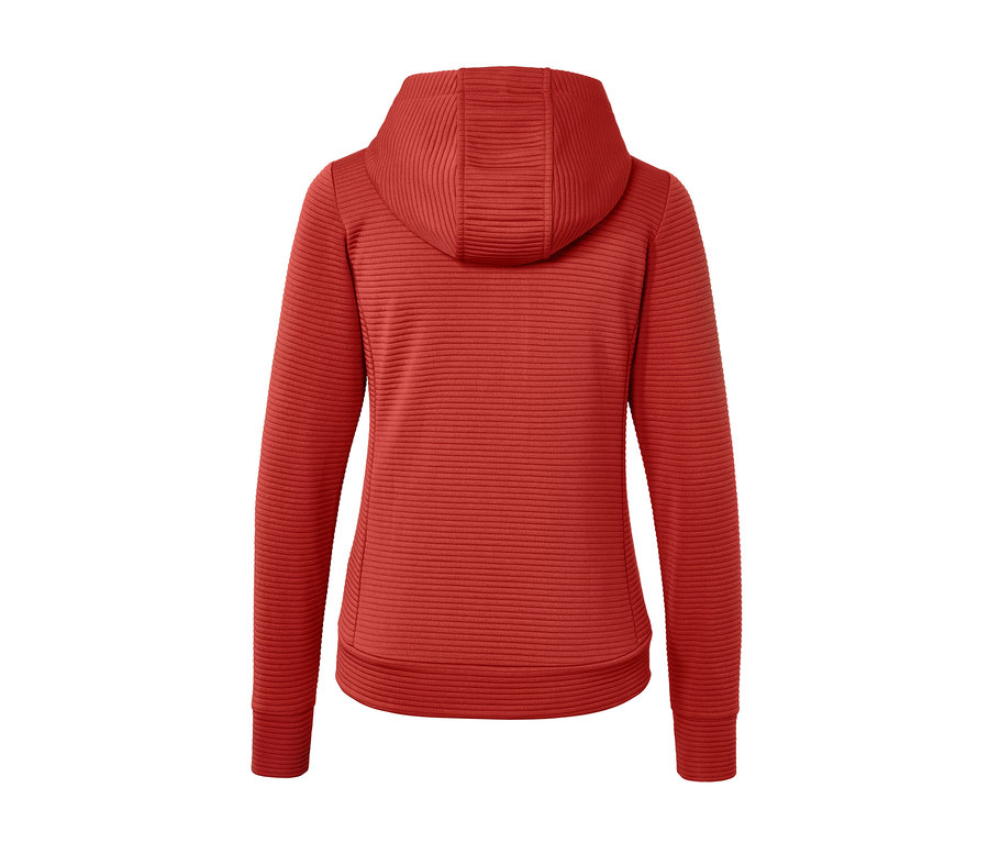 Detailansicht einer roten Kapuzenjacke von hinten.