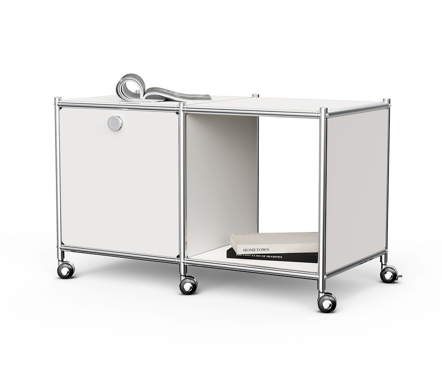 Weißer Beistelltisch Metall »CN3« mit Klappfach und Rollen.