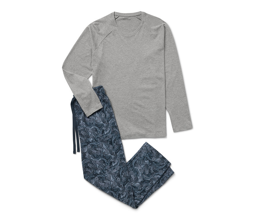 Graues Pyjama-Set mit langärmligem Oberteil und Hose mit Paisley-Muster.