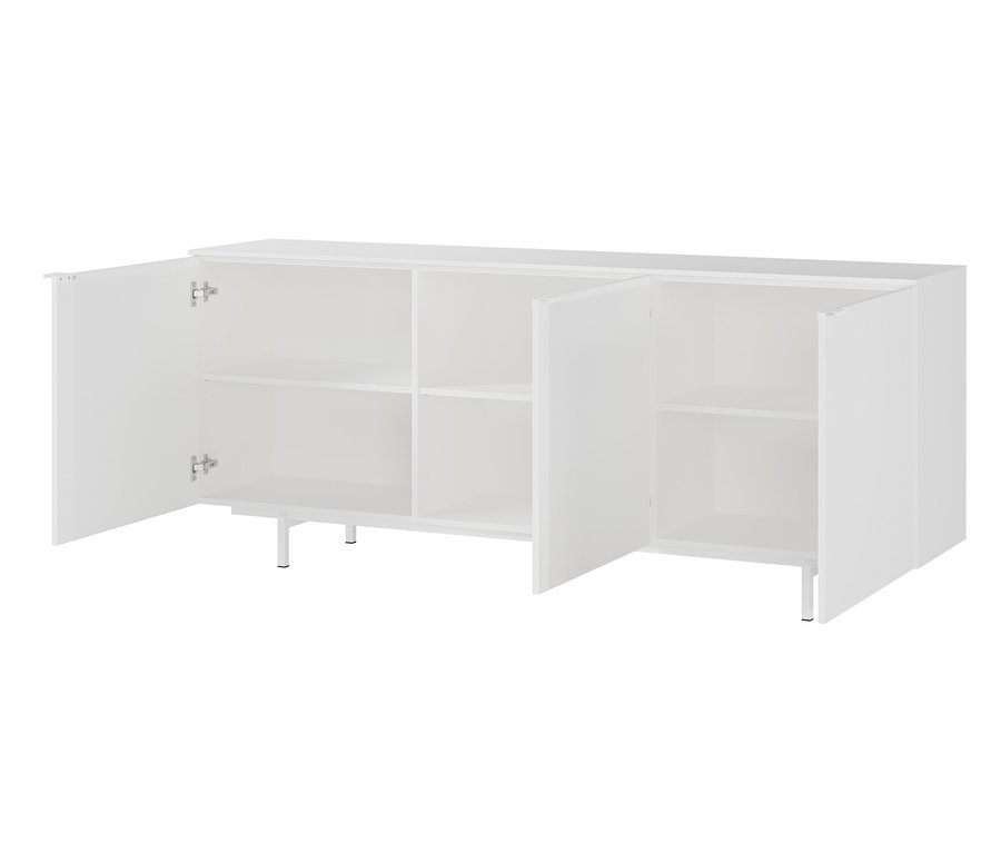 Weißes Sideboard mit zwei offenen Türen.