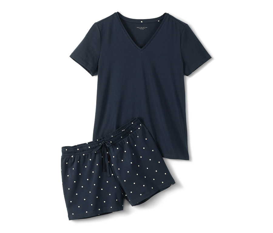 Marineblauer Shorty-Pyjama mit weißen Punkten.
