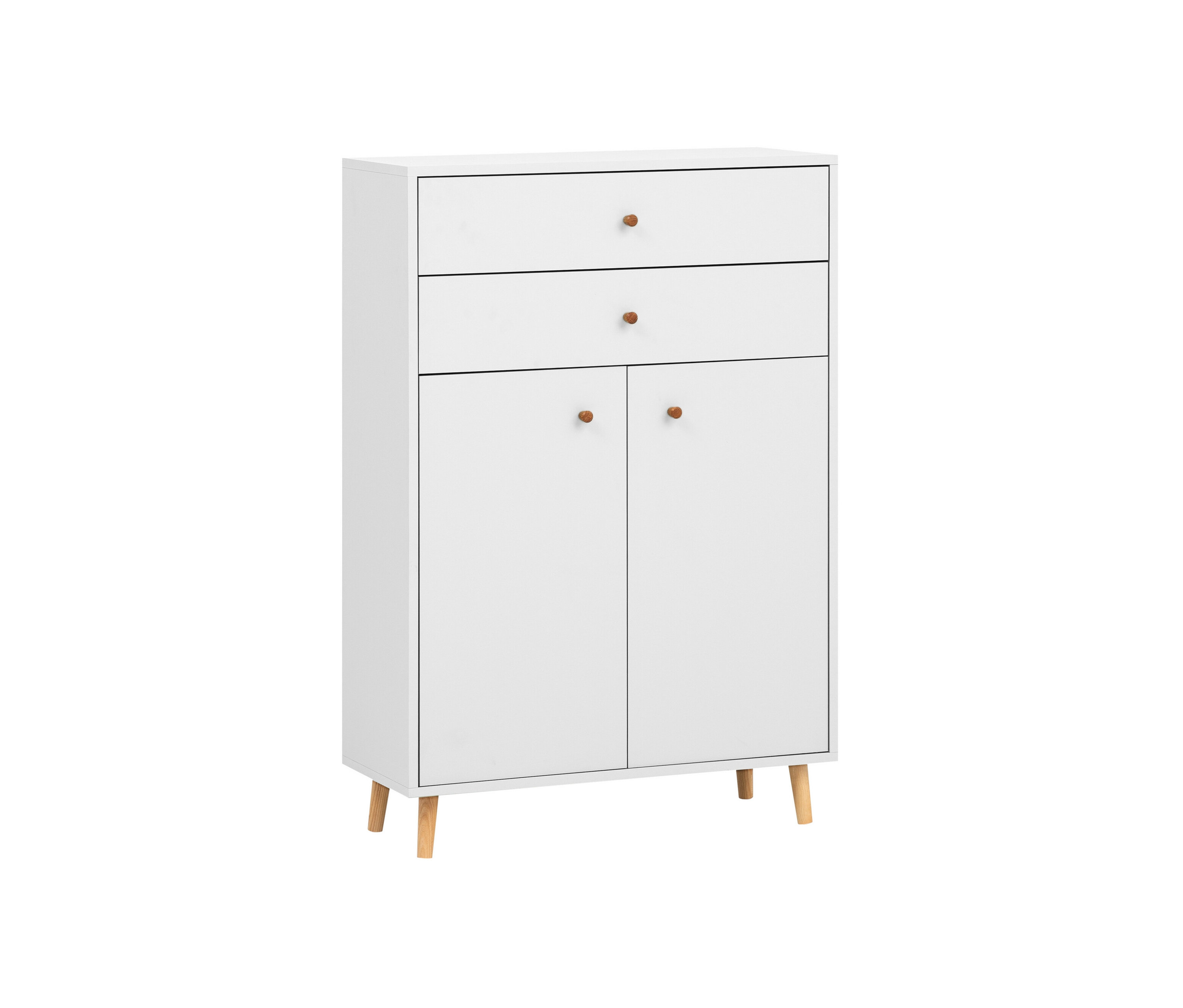 Weiße Kommode »Bjarne« mit zwei Schubladen und Türen.