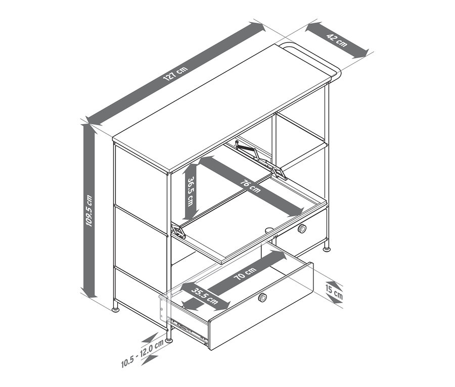 Eine schematische Darstellung des weißen Metallsideboards »CN3« mit Holzplatte, einem Klappenfach, vier Schubladen und den entsprechenden Maßangaben.