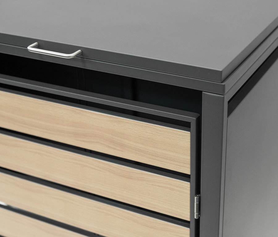 Detailansicht einer grauen Mülltonnenbox, 2er.