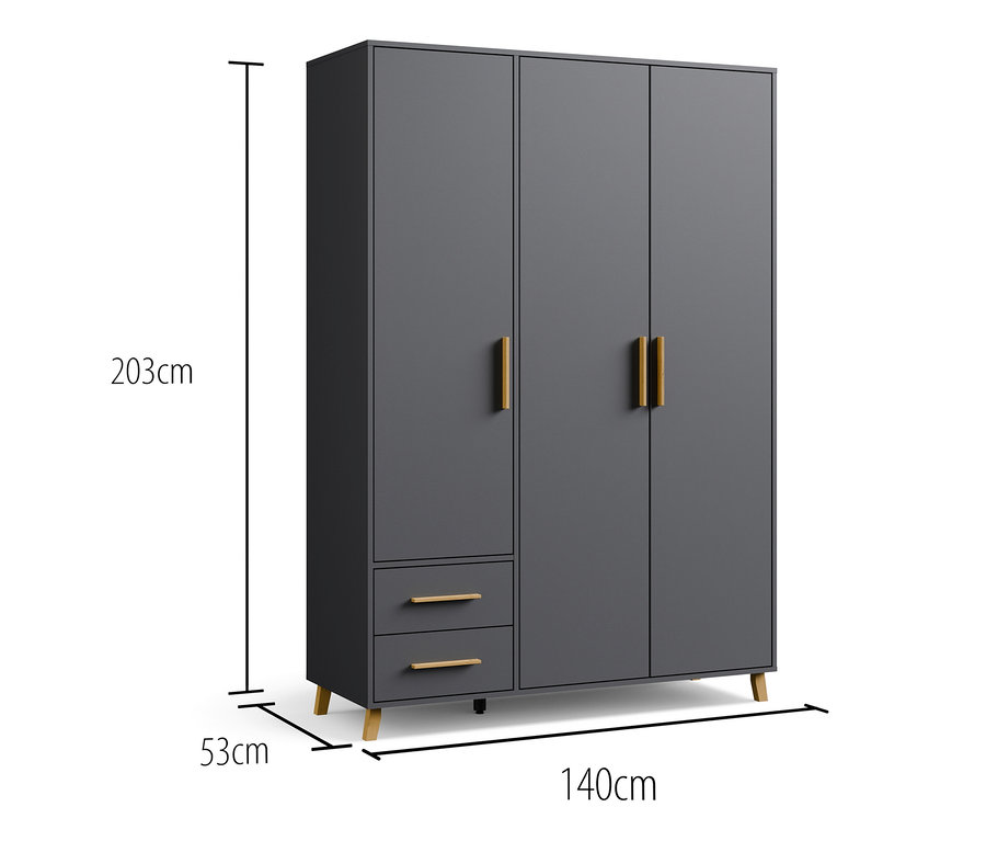 Grauer, metallischer rauch Drehtürenschrank »Shinjo« mit 3 Türen und 2 Schubladen.
