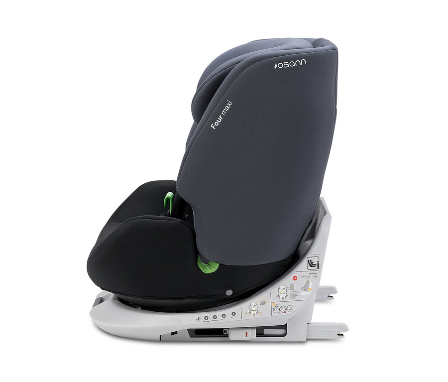 Seitliche Aufnahme eines Osann Kinder-Autositzes »Four maxi« in Schwarz und Grau.