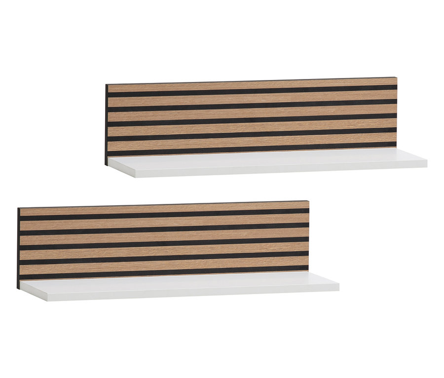 Zwei weiße Regale mit hölzernem Lamellenhintergrund.