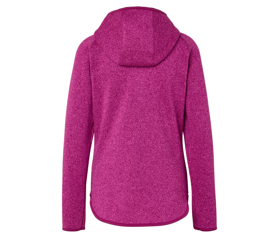 Rückansicht einer pinkfarbenen Fleecejacke mit Kapuze.