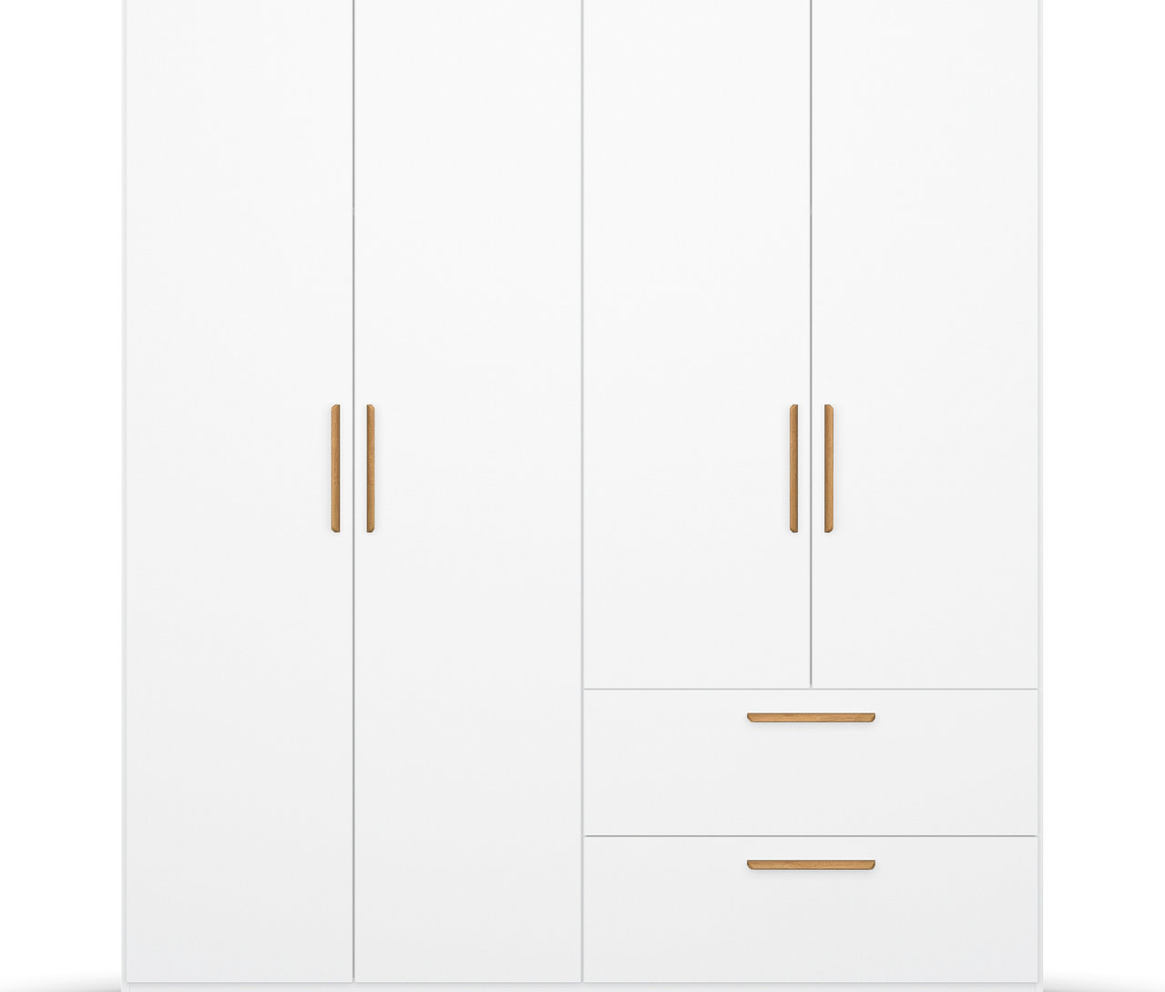 Weißer Kleiderschrank mit vier Türen und zwei Schubladen mit braunen Griffen.