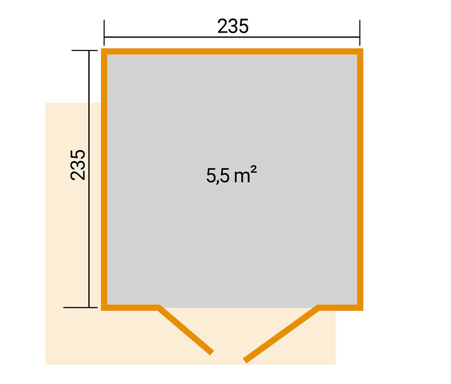 Grundriss des Weka Design-Gerätehauses »Pure Garden« mit 19 mm Wandstärke, Abmessungen 235 x 235 cm, Fläche 5,5 m².